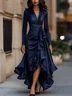 Elegant Plain Satin Peplum Cross Neck Maxi Dress With Belt