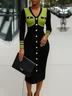 Urban Color Block Buttoned V Neck Sweater Midi Dress