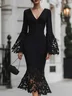Elegant Plain Bell Sleeve Lace V Neck Midi Dress
