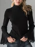 Knitted Urban Plain Split Joint Mock Neck Lace Bell Sleeve T-shirt