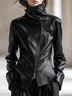 Urban  Zipper Plain Stand Collar Faux Leather Coat