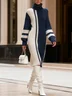 Casual Color Block Turtleneck Knee Length Sweater Dress