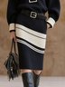 Urban Color Block Sweater Knee Length Skirt No Belt