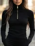 Plus Size Jersey Urban Plain Zipper Turtleneck T-shirt