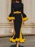 Elegant Color Block Crew Neck Maxi Dress With Belt