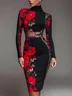 Elegant Floral Printing Stand Collar Midi Dress