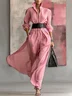 Casual Plain Buttoned Shirt Collar Maxi Dress With Belt