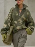 Plus Size Casual Camo Zipper Mock Neck Sweater