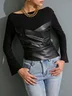 PU Urban Plain Split Joint Crew Neck  Blouse