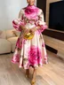 Elegant Floral Balloon Sleeve Printing Stand Collar Party Midi Dress