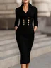 Elegant Plain Buttoned Shawl Collar Sweater Midi Dress