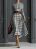 Urban Plaid Printing Stand Collar Midi Dress No Belt