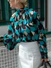Elegant Abstract Graphic Printing Mock Neck Blouse