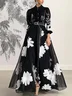 Elegant Floral Printing Stand Collar Maxi Dress With Belt