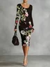Elegant Floral  Printing Crew Neck Midi Dress