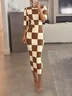 Casual Plaid Printing Crew Neck Midi Dress