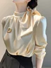 Satin Elegant Plain Lace-up Tie Neck Blouse