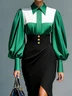 Satin Elegant Color Block Shirt Collar Shirt