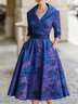 Elegant Random Print Ruched Shawl Collar Knee Length Dress
