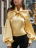 Satin Elegant Plain Knot Halter Balloon Sleeve Blouse