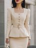 Elegant Buttoned Plain Square Neck Jacket With Belt