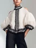 Casual Color Block Hollow Out Stand Collar Puff Sleeve Blouse