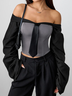 Urban Color Block Split Joint Off The Shoulder Blouse With Tie