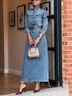 Denim Urban Plain Distressing Shirt Collar Maxi Dress No Belt