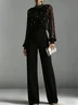 Elegant Raglan Sleeves Beaded Plain Stand Collar Jumpsuit